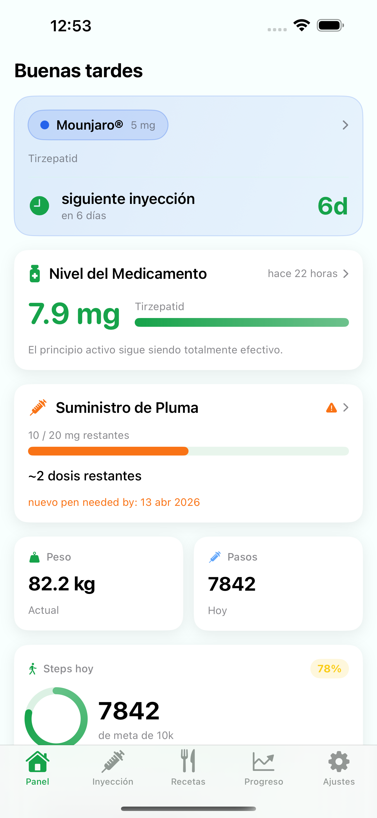 Panel de Levida — Vista general con nivel de medicamento, peso y pasos