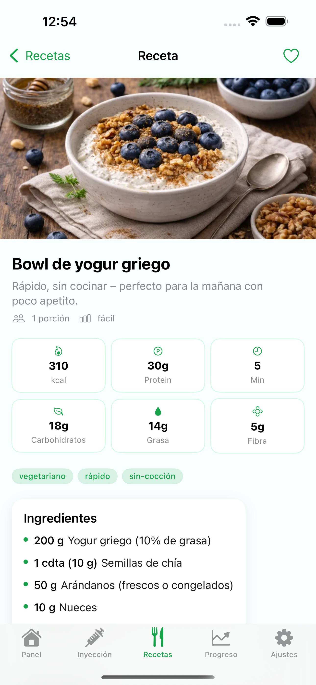 Detalle de receta de Levida con valores nutricionales, ingredientes y consejo GLP-1