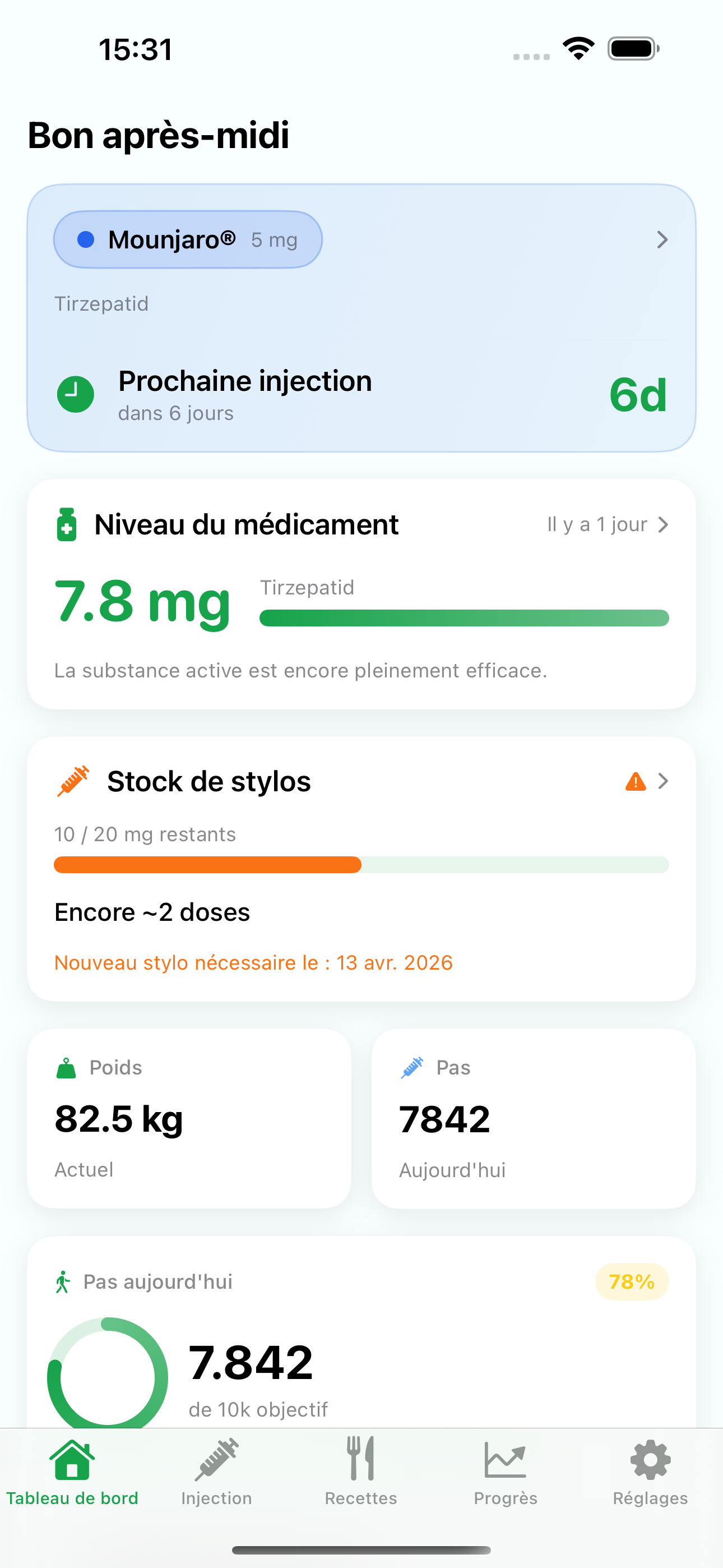 Levida Dashboard &mdash; Vue d'ensemble avec niveau de principe actif, poids et pas