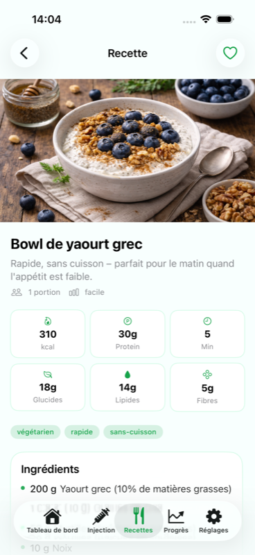 Levida d&eacute;tail de recette avec infos nutritionnelles, ingr&eacute;dients et conseil GLP-1