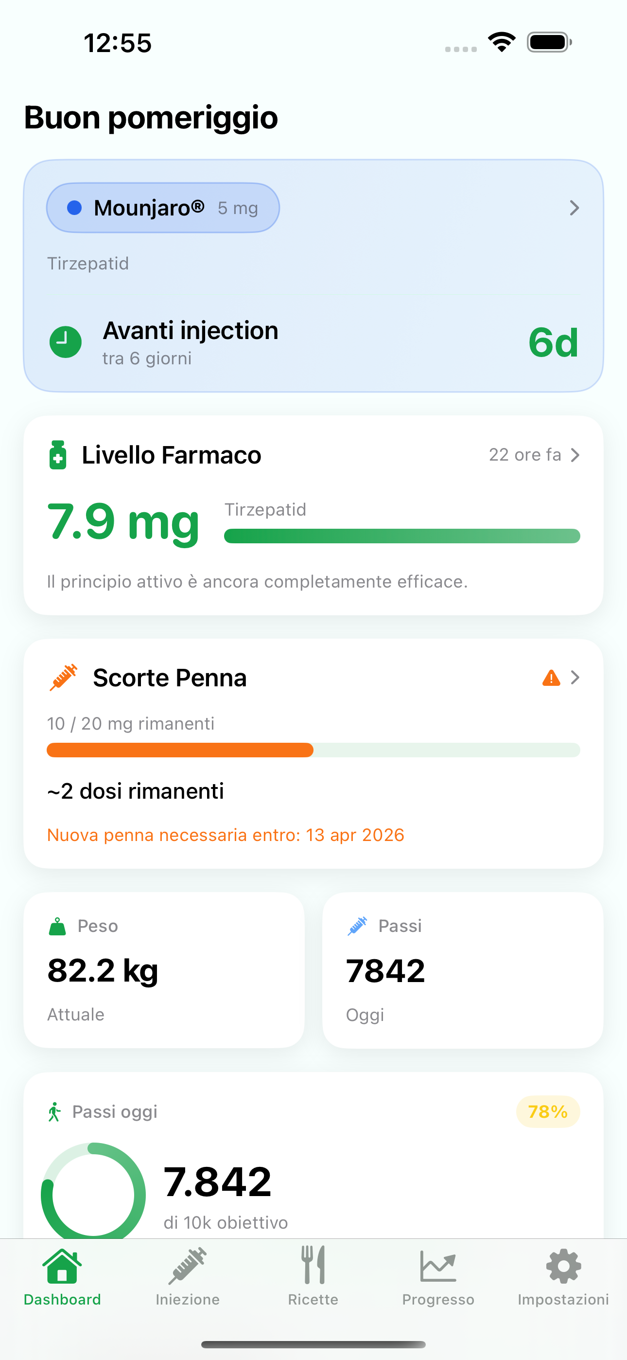 Dashboard Levida — Panoramica con livello del farmaco, peso e passi